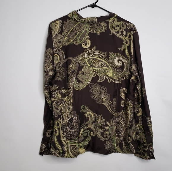 Ann Taylor Women's Paisley Silk  Blouse Brown Green Button Front Ruffle Size 16 - Picture 4 of 12